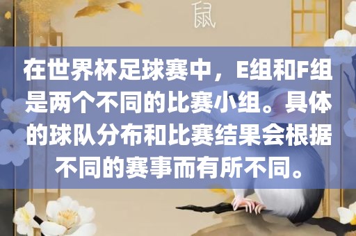 在世界杯足球赛中，E组和F组是两个不同的比赛小组。具体的球队分布和比赛结果会根据不同的赛事而有所不同。