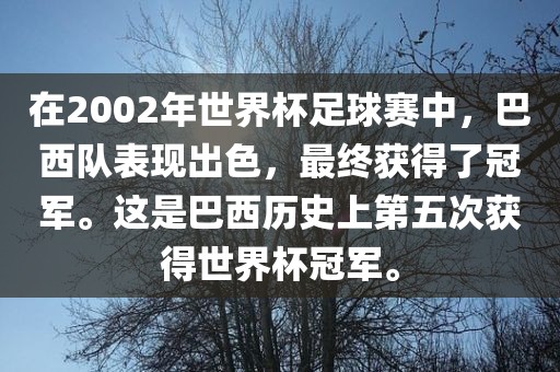在2002年世界杯足球赛中，巴西队表现出色，最终获得了冠军。这是巴西历史上第五次获得世界杯冠军。
