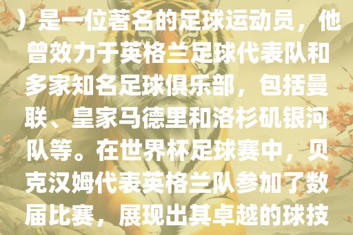贝克汉姆（David Beckham）是一位著名的足球运动员，他曾效力于英格兰足球代表队和多家知名足球俱乐部，包括曼联、皇家马德里和洛杉矶银河队等。在世界杯足球赛中，贝克汉姆代表英格兰队参加了数届比赛，展现出其卓越的球技和魅力。