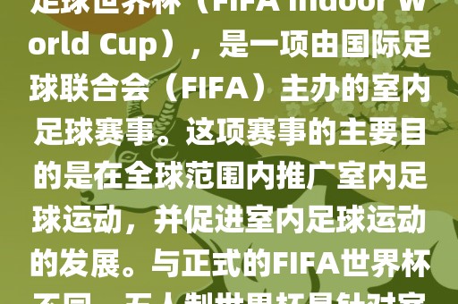 五人制世界杯，也被称为室内足球世界杯（FIFA Indoor World Cup），是一项由国际足球联合会（FIFA）主办的室内足球赛事。这项赛事的主要目的是在全球范围内推广室内足球运动，并促进室内足球运动的发展。与正式的FIFA世界杯不同，五人制世界杯是针对室内足球的比赛。