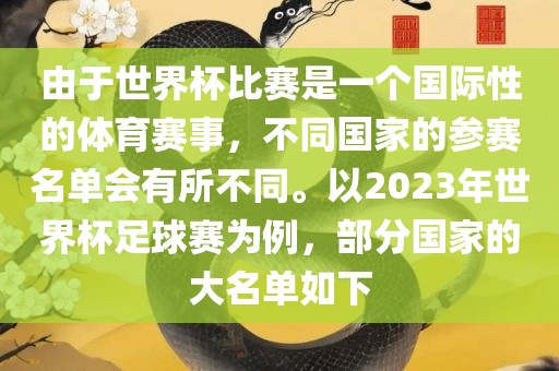 由于世界杯比赛是一个国际性的体育赛事，不同国家的参赛名单会有所不同。以2023年世界杯足球赛为例，部分国家的大名单如下漯河市盈旭机械设备有限公司