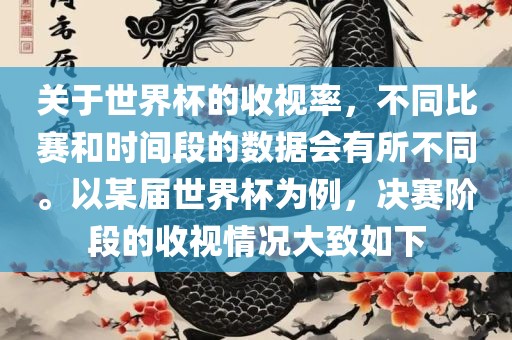 关于世界杯的收视率，不同比赛和时间段的数据会有所不同。以某届世界杯为例，决赛阶段的收视情况大致如下