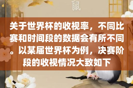 关于世界杯的收视率，不同比赛和时间段的数据会有所不同。以某届世界杯为例，决赛阶段的收视情况大致如下漯河市盈旭机械设备有限公司