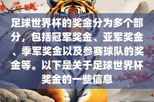 足球世界杯的奖金分为多个部分，包括冠军奖金、亚军奖金、季军奖金以及参赛球队的奖金等。以下是关于足球世界杯奖金的一些信息