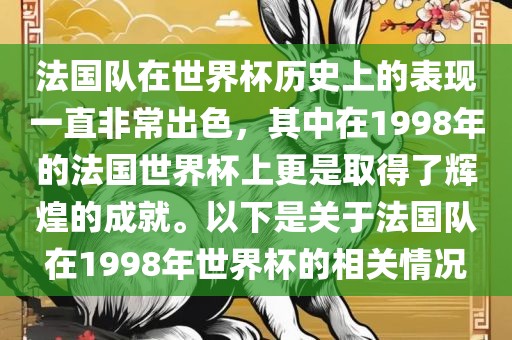 法国队在世界杯历史上的表现一直非常出色，其中在1998年的法国世界杯上更是取得了辉煌的成就。以下是关于法国队在1998年世界杯的相关情况漯河市盈旭机械设备有限公司
