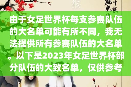 由于女足世界杯每支参赛队伍的大名单可能有所不同，我无法提供所有参赛队伍的大名单。以下是2023年女足世界杯部分队伍的大致名单，仅供参考漯河市盈旭机械设备有限公司