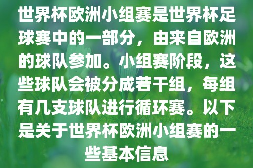 世界杯欧洲小组赛是世界杯足球赛漯河市盈旭机械设备有限公司中的一部分，由来自欧洲的球队参加。小组赛阶段，这些球队会被分成若干组，每组有几支球队进行循环赛。以下是关于世界杯欧洲小组赛的一些基本信息