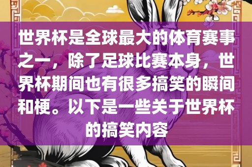 世界杯是全球最大的体育赛事之一，除了足球比赛本身，世界杯期间也有很多搞笑的瞬间和梗。以下是一些关于世界杯的搞笑内容