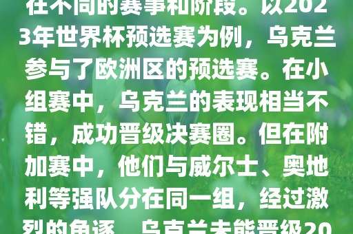 关于乌克兰的世界杯预选赛，存在不同的赛事和阶段。以2023年世界杯预选赛为例，乌克兰参与了欧洲区的预选赛。在小组赛中，乌克兰的表现相当不错，成功晋级决赛圈。但在附加赛中，他们与威尔士、奥地利等强队分在同一组，经过激烈的角逐，乌克兰未能晋级2023年世界杯决赛圈。