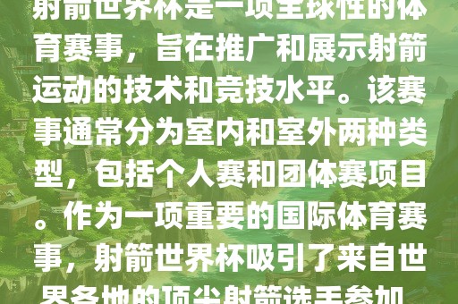 射箭世界杯是一项全球性的体育赛事，旨在推广和展示射箭运动的技术和竞技水平。该赛事通常分为室内和室外两种类型，包括个人赛和团体赛项目。作为一项重要的国际体育赛事，射箭世界杯吸引了来自世界各地的顶尖射箭选手参加。