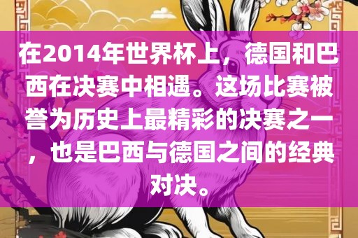 在2014年世界杯上，德国和巴西在决赛中相遇。这场比赛被誉为历史上最精彩的决赛之一，也漯河市盈旭机械设备有限公司是巴西与德国之间的经典对决。