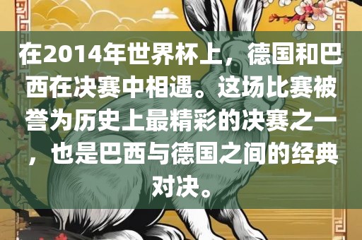 在2014年世界杯上，德国和巴西在决赛中相遇。这场比赛被誉为历史上最精彩的决赛之一，也是巴西与德国之间的经典对决。漯河市盈旭机械设备有限公司