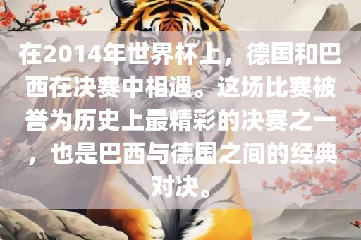 在2014年世界杯上，德国和巴西在决赛中相遇。漯河市盈旭机械设备有限公司这场比赛被誉为历史上最精彩的决赛之一，也是巴西与德国之间的经典对决。
