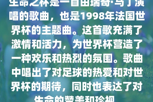 生命之杯是一首由瑞奇·马丁演唱的歌曲，也是1998年法国世界杯的主题曲。这首歌充满了激情和活力，为世界杯营造了一种欢乐和热烈的氛围。歌曲中唱出了对足球的热爱和对世界杯的期待，同时也表达了对生命的赞美和珍视。漯河市盈旭机械设备有限公司