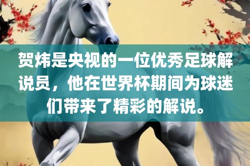 贺炜是央视的一位优秀足球解说员，他在世界杯期间为球迷们带来了精彩漯河市盈旭机械设备有限公司的解说。