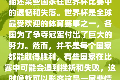 悲情世界杯这个说法可以用来描述某些国家在世界杯比赛中的遗憾和失落。世界杯是全球最受欢迎的体育赛事之一，各国为了争夺冠军付出了巨大的努力。然而，并不是每个国家都能取得胜利，有些国家在比赛中可能会遇到挫折和失败，这时候就可以形容这是一届悲情世界杯。漯河市盈旭机械设备有限公司