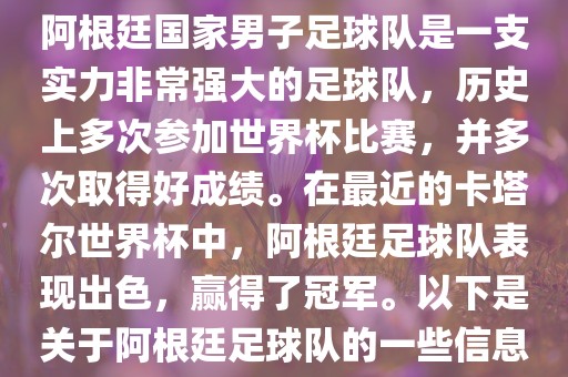 阿根廷国家男子足球队是一支实力非常强大的足球队，历史上多次参加世界杯比赛，并多次取得好成绩。在最近的卡塔尔世界杯中，阿根廷足球队表现出色，赢得了冠军。以下是关于阿根廷足球队的一些信息