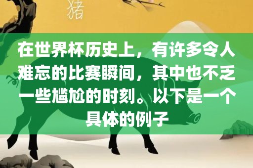 在世界杯历史上，有许多令人难忘的比赛瞬间，其中也不乏一些尴尬的时刻。以下是一个具体的例子漯河市盈旭机械设备有限公司