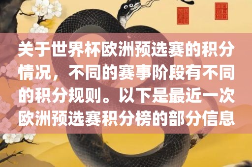 关于世界杯欧洲预选赛的积分情况，不同的赛事阶段有不同的积分规则。以下是最近一次欧洲预选赛积分榜的部分信息