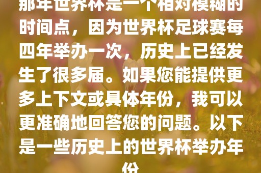 那年世界杯是一个相对模糊的时间点，因为世界杯足球赛每四年举办一次，历史上已经发生了很多届。如果您能提供更多上下文或具体年份，我可以更准确地回答您的问题。以下是一些历史上的世界杯举办年份漯河市盈旭机械设备有限公司