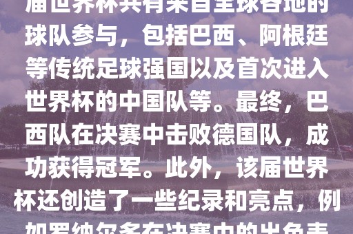 2002年世界杯足球赛是第世界杯举办的第十七届足球赛事，比赛在韩国和日本联合举办。本届世界杯是历史上首次由两个国家共同举办的世界杯赛事。该届世界杯共有来自全球各地的球队参与，包括巴西、阿根廷等传统足球强国以及首次进入世界杯的中国队等。最终，巴西队在决赛中击败德国队，成功获得冠军。此外，该届世界杯还创造了一些纪录和亮点，例如罗纳尔多在决赛中的出色表现使他成为该届世界杯的最佳球员之一。同时，该届世界杯也促进了韩国和日本足球的发展，并推动了亚洲足球的崛起。