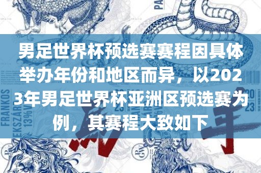 男足世界杯预选赛赛程因具体举办年份和地区而异，以2023年男足世界杯亚洲区预选赛为例，其赛程大致如下
