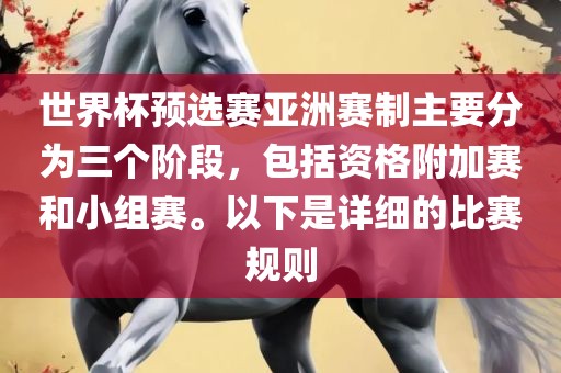 世界杯预选赛亚洲赛制主要分为三个阶段，包括资格附加赛和小组赛。以下是详细的比赛规则