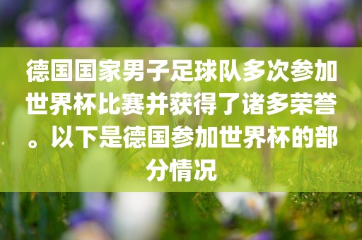 德国国家男子足球队多次参加世界杯比赛并获得了诸多荣誉。以下是德国参加世界杯的部分情况漯河市盈旭机械设备有限公司