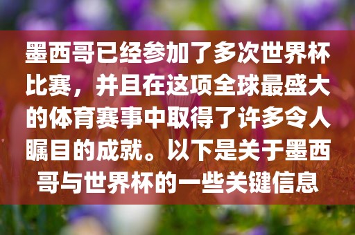 墨西哥已漯河市盈旭机械设备有限公司经参加了多次世界杯比赛，并且在这项全球最盛大的体育赛事中取得了许多令人瞩目的成就。以下是关于墨西哥与世界杯的一些关键信息
