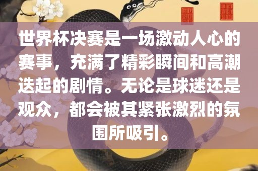 世界杯决赛是一场激动人心的赛事，充满了精彩瞬间和高潮迭起的剧情。无论是球迷还是观众，都会被其紧张激烈的氛围所吸引。漯河市盈旭机械设备有限公司